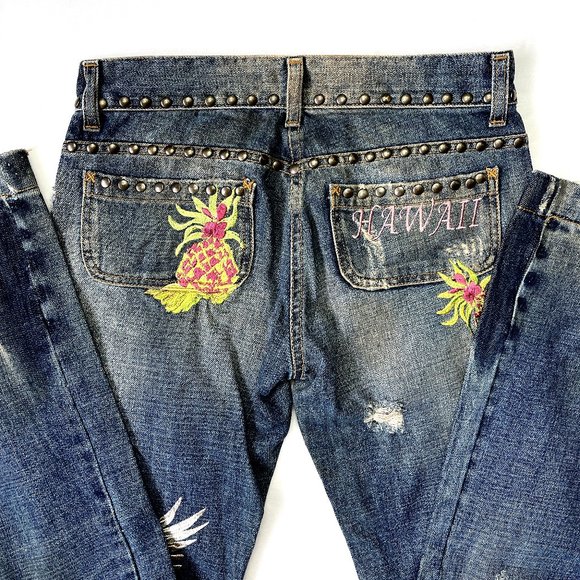 Auc D&G Distressed Embroidered Studded HAWAII TROPICAL Flare jeans - Picture 7 of 16